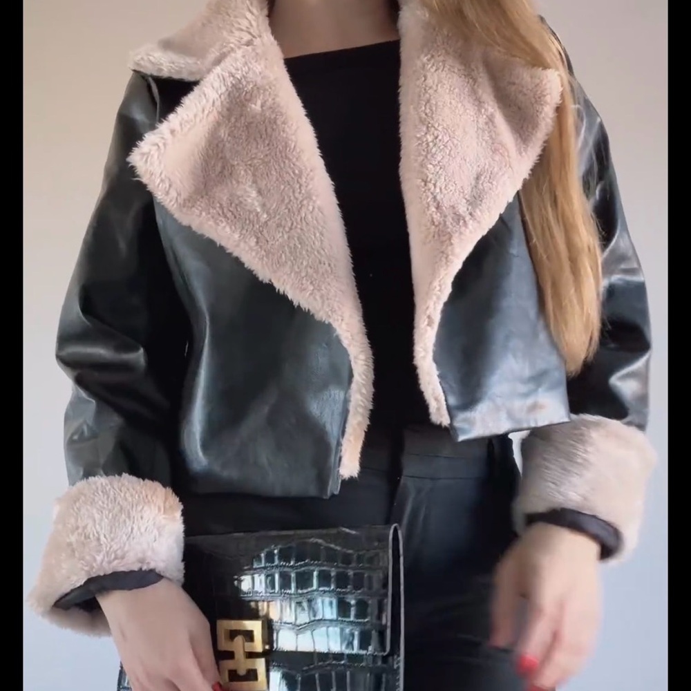 Teddy lined faux leather crop jacket